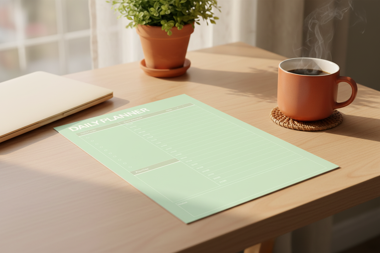 Printable Daily Planner on a cozy home office desk